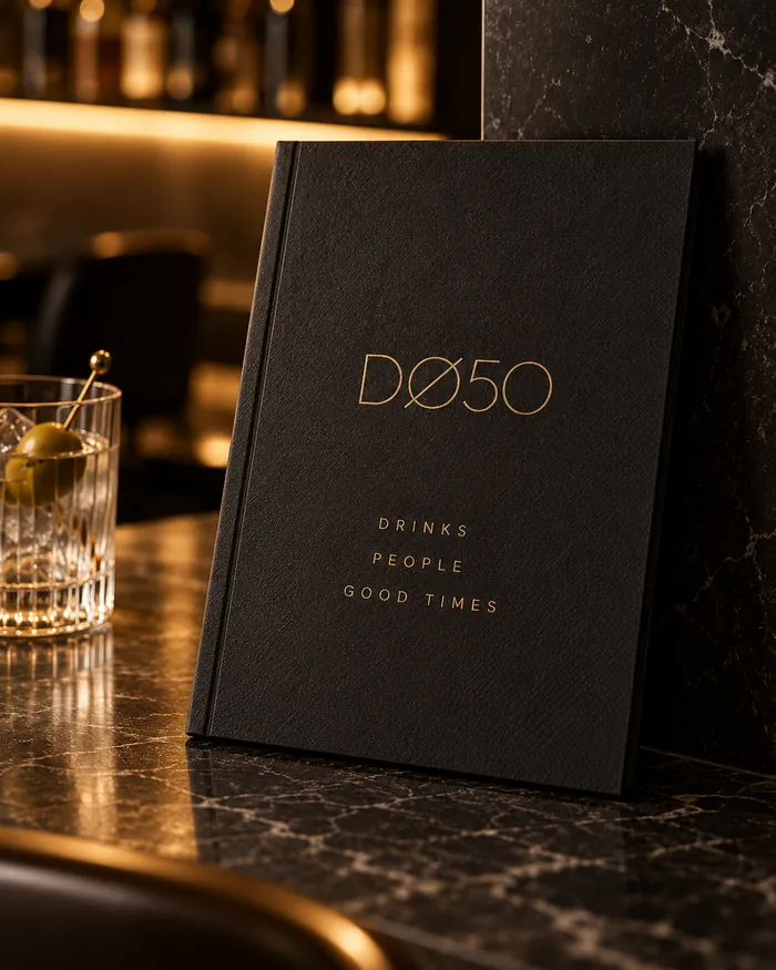 Schwarze DØ50-Getränkekarte mit Messing-Schrift „Drinks People Good Times“ auf dem Marmortresen (Visualisierung)
