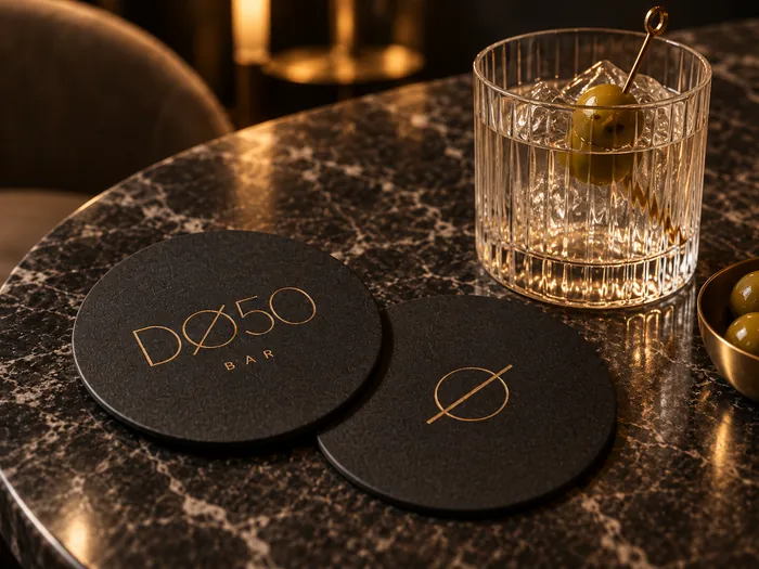 Zwei schwarze DØ50-Untersetzer mit Messing-Prägung auf dunklem Marmor, daneben ein Drink mit Olive (Visualisierung)